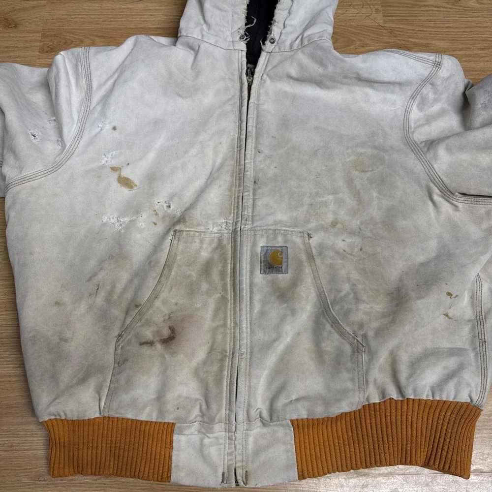 Vintage 90s Carhartt Hooded Jacket Quilt Lined Thrashed Off White Orange Trim